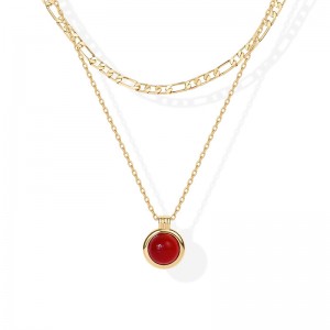 Hongde Golden Harmony Layered Necklace 1-----14K Gold Plated Layered Necklaces for Women  Gemstone Pendant Figaro Chain Necklace  Carnelian, Green Aventurine, Malachite Layering Necklace