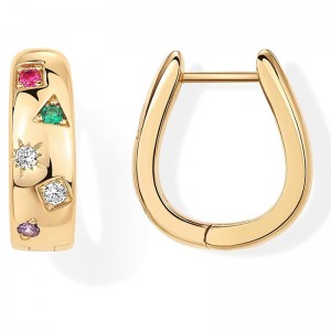 14K Gold Plated 925 Sterling Silver Posts Chunky Huggie Earrings for Women Multi-Colored Cubic Zirconia Statement Hoop Earrings Lucky Glow Horseshoe Hoop Earrings