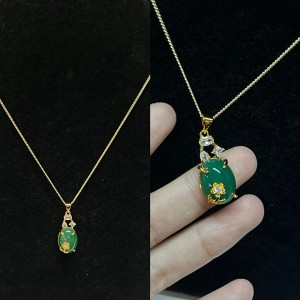 Opulent Green Jade Oval Pendant Necklace with White Zircon Accents, Gold-Plated Setting, Elegant Women's Jewelry