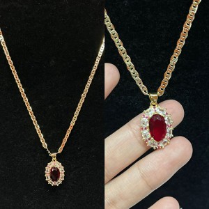 Royal Ruby Halo Necklace with Diamond & Pink Sapphire Accents on a 14K Gold Chain