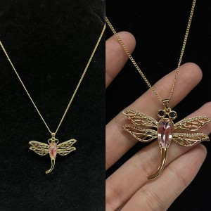 Elegant Dragonfly Pendant Necklace with Pink Crystal and Rhinestone Accents, Gold-Plated with Intricate Filigree Wings