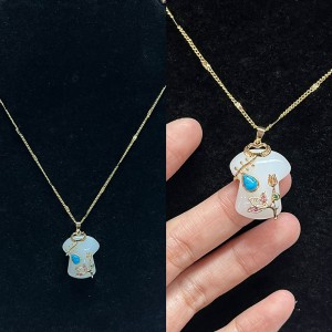 Elegant Chinese Cheongsam Pendant Necklace White Jade with Gold-Plated Floral Detailing, Turquoise & Zircon Accents Vintage-Inspired Fashion Jewelry for Women