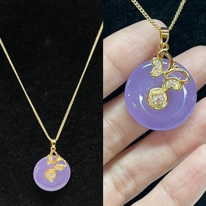 Lavender Serenity Jade and Gold Cherry Blossom Pendant Necklace with Cubic Zirconia