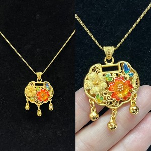 Traditional Chinese Gold-Plated Longevity Lock Pendant Necklace with Filigree Floral Enamel and Dangling Lucky Bells for Protection and Prosperity