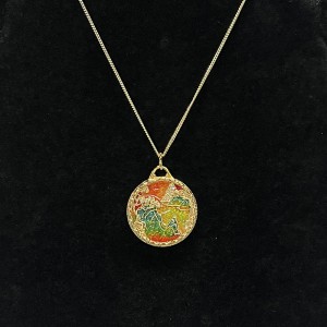 Handmade Cloisonné Enamel Landscape Pendant Necklace with 18K Gold Plating & Engraved Dual-Sided Design