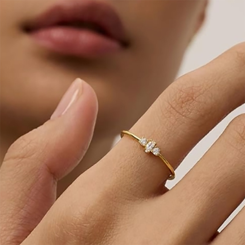 Elegant 18K Gold-Plated 925 Sterling Silver Ring with Marquise and Round-Cut Cubic Zirconia Stones – Minimalist Stacking Engagement Band