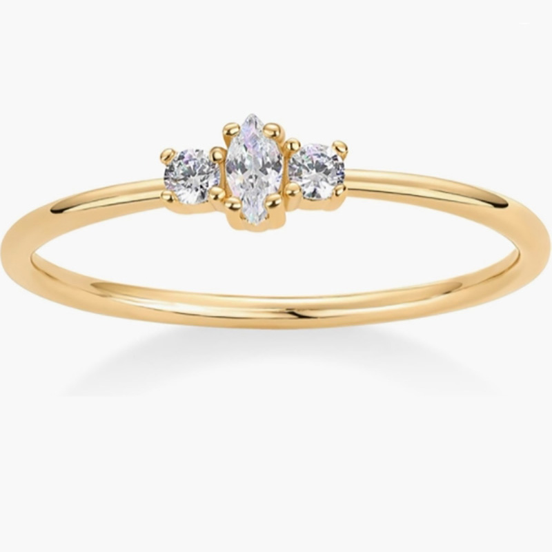 Elegant 18K Gold-Plated 925 Sterling Silver Ring with Marquise and Round-Cut Cubic Zirconia Stones – Minimalist Stacking Engagement Band