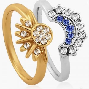 Celestial Sun and Moon Adjustable Ring – 18K Gold & Platinum Plated Copper Alloy Open-Band Ring with White & Blue Cubic Zirconia for Astrology Lovers and Elegant Fashion Wear
