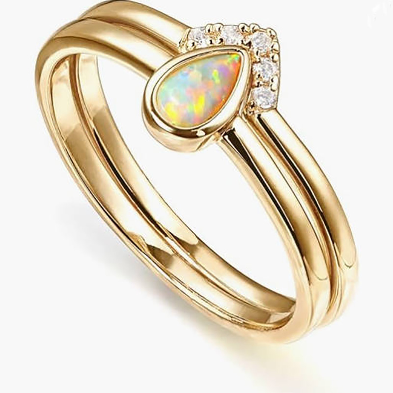 Elegant 18K Gold-Plated Stackable Teardrop Opal Ring Set with Micro-Pavé Zirconia Accents – Timeless Luxury Jewelry for Women