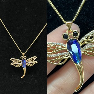 18K Gold-Plated Dragonfly Pendant Necklace with Blue Faceted Crystal Body, Black Gemstone Eyes, and Filigree Wing Detailing for Elegant Nature-Inspired Jewelry